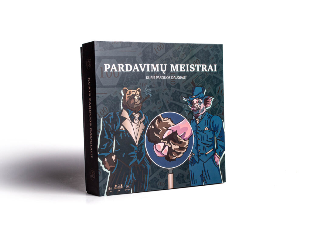 „Pardavimų Meistrai“ stalo žaidimo dėžė ir komponentai